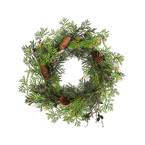 A wreath made of artificial incense cedar with pinecones.